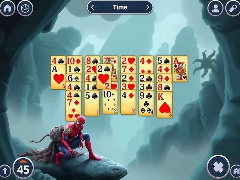 Hands strategically arranging a game of Spider Solitaire cards on a wooden table