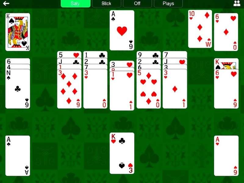 Spider Solitaire card game layout showing 10 tableau columns with cards dealt face down and face up