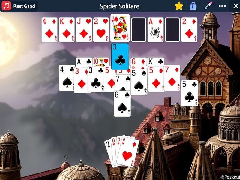 Spider Solitaire Full Screen Free Game interface showing tableau with cards arranged in columns