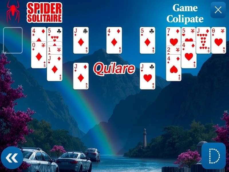 Spider Solitaire game setup on a wooden table with cards spread across four suits